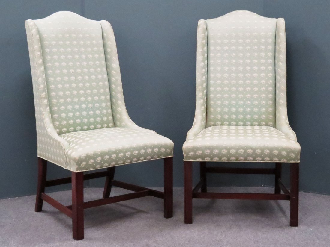 PAIR CHIPPENDALE STYLE WING-BACK LIBRARY CHAIRS: PAIR CHIPPENDALE STYLE WING-BACK LIBRARY CHAIRS, SIGNED "HICKORY CHAIR"