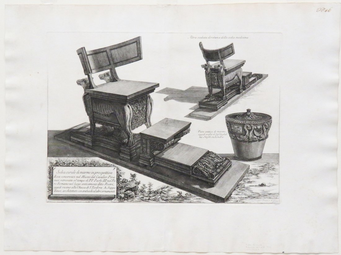 GIOVANNI BATTISTA PIRANESI (ITALIAN 1720-1778): GIOVANNI BATTISTA PIRANESI (ITALIAN 1720-1778), ETCHING, VIEWS OF MARBLE SENATOR'S CHAIR, FROM VASI CANDELABRI, 18TH CENTURY. PLATE 15 1/2 X 20 7/8"