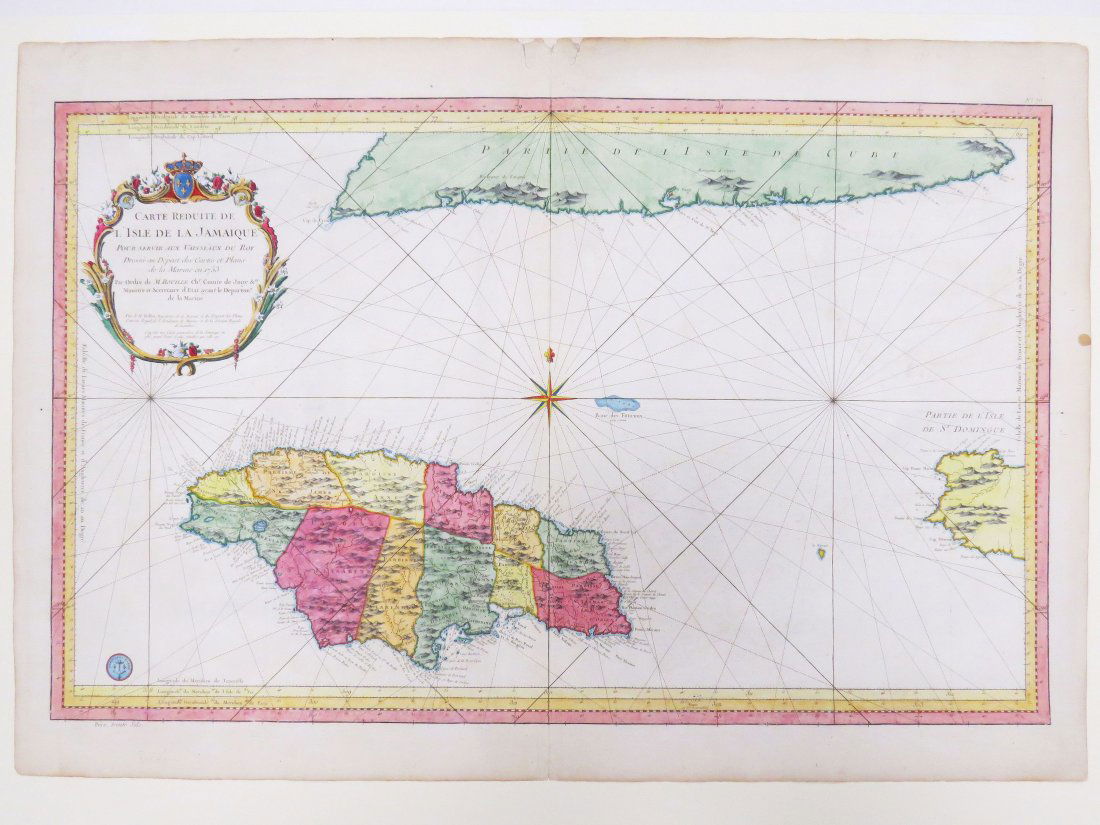 JACQUES NICOLAS BELLIN (FRENCH 1703-1772), MAP: JACQUES NICOLAS BELLIN (FRENCH 1703-1772), ENGRAVED AND HAND COLORED MAP OF JAMAIQUE, 1753. PLATE 22 3/4 X 36" FULL MARGINS