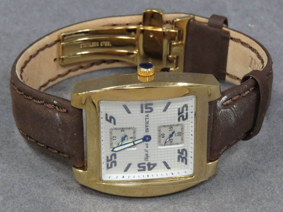 INVICTA GILT STAINLESS 20-JEWEL WRISTWATCH: INVICTA GILT STAINLESS 20-JEWEL OBJECT DE ART AUTOMATIC WRISTWATCH WITH LEATHER DEPLOYANT STRAP WITH BOX