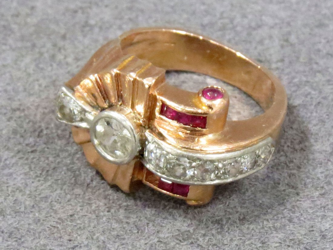 RETRO 14K PINK GOLD/PLATINUM DIAMOND AND RUBY RING: RETRO 14K PINK GOLD/PLATINUM DIAMOND AND RUBY RING, APPROXIMATE DIAMOND TWT 0.46 CT (1/4.5MM DIAMOND WITH LARGE CHIP). RING SIZE 5; GROSS WEIGHT 7.62 GRAMS