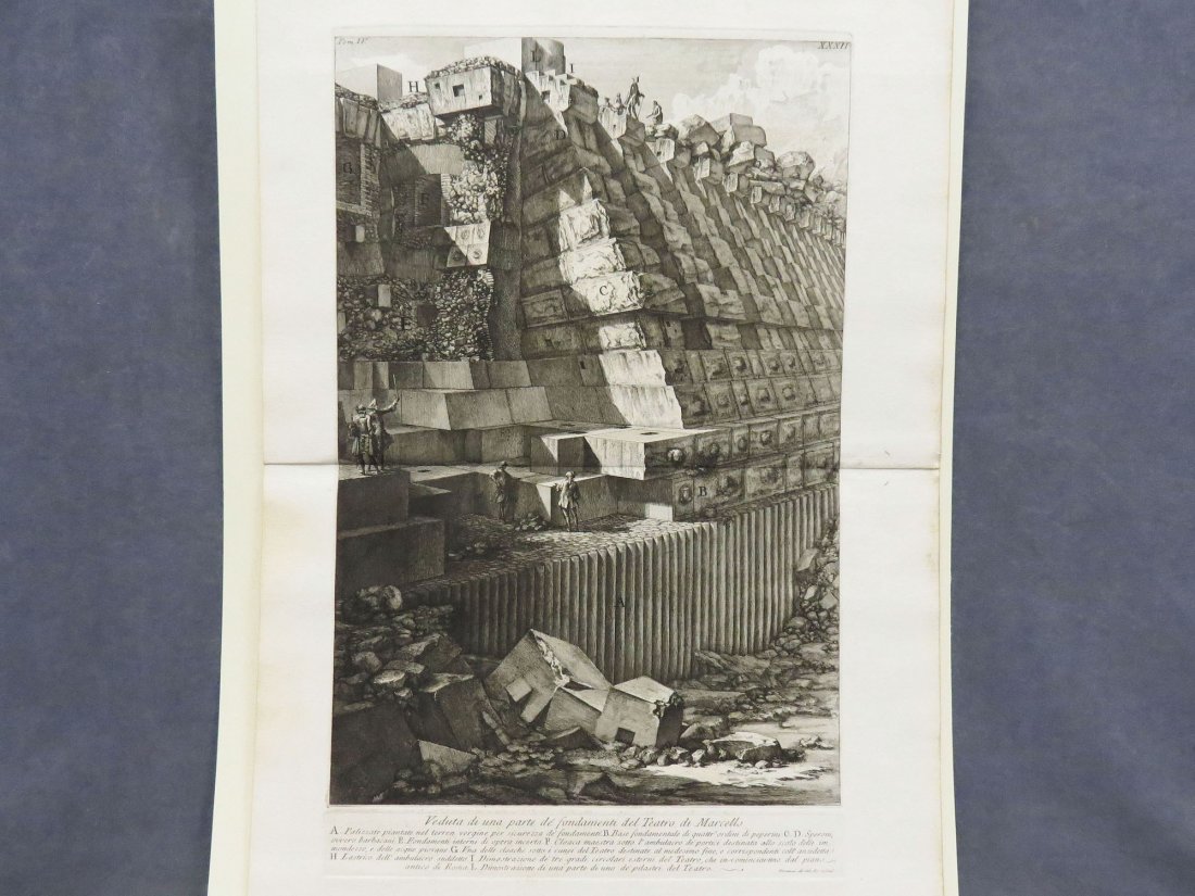 GIOVANNI BATTISTA PIRANESI (ITALIAN 1720-1778): GIOVANNI BATTISTA PIRANESI (ITALIAN 1720-1778), ETCHING, VEDUTA DI UNA PANTE DE FONDAMENTI DEL TEATRO MERCELLO, FROM ANTICHITA ROMANE VOL IV, PLATE XXXII, FULL MARGINS, 1756. PLATE 25 1/2 X 15 3/4"