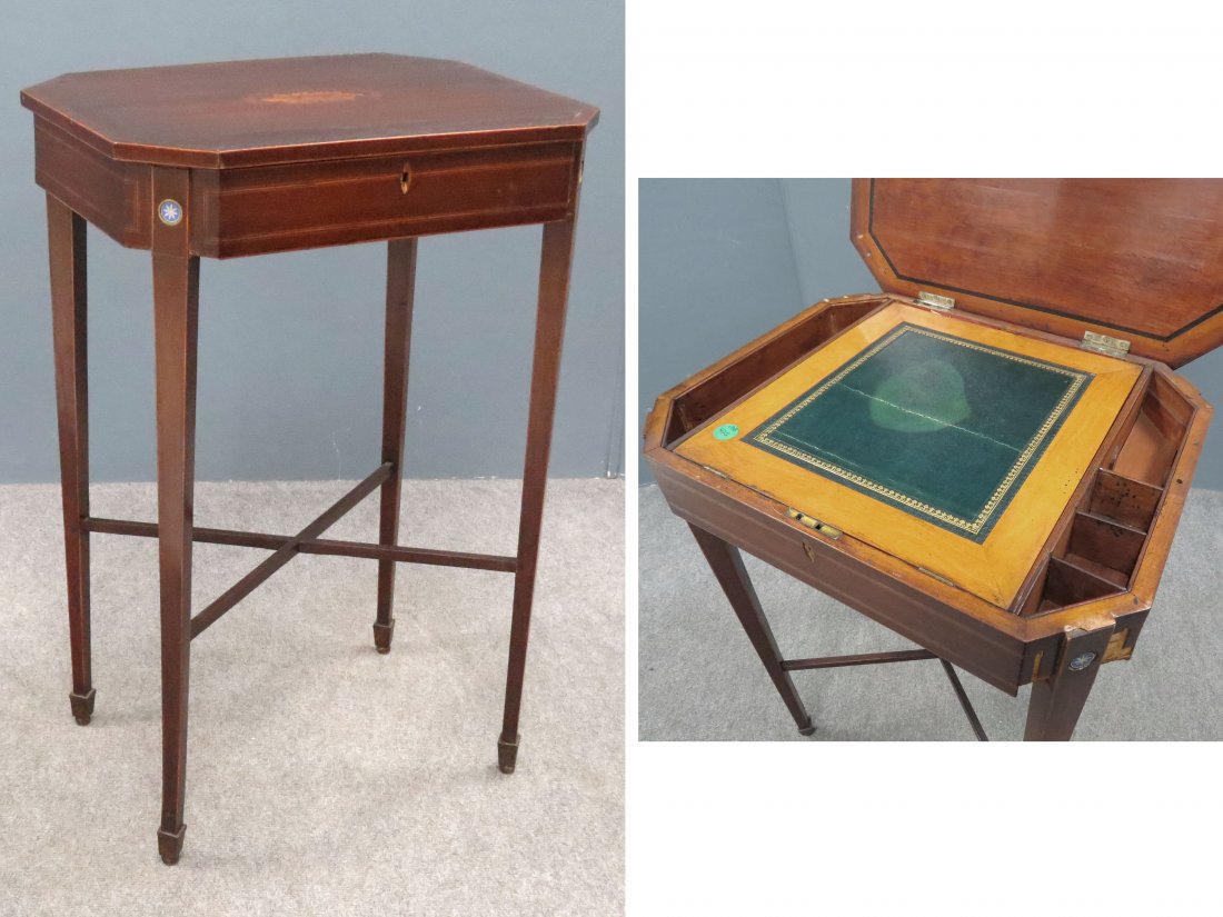 HEPPLEWHITE MAHOGANY WRITING STAND: HEPPLEWHITE CARVED AND INLAID MAHOGANY WRITING STAND WITH WEDGWOOD MOUNTS, 19TH CENTURY. HEIGHT 30"; TOP 20 X 15" (LOSSES/REPAIR)