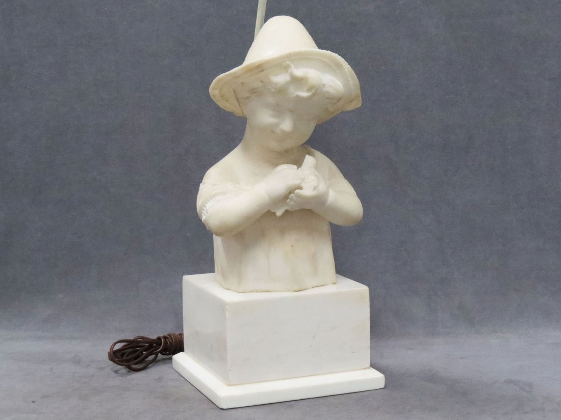 ITALIAN SCHOOL (19/20TH CENTURY), ALABASTER BUST: ITALIAN SCHOOL (19/20TH CENTURY), CARVED ALABASTER BUST OF A BOY WITH BIRD, MOUNTED AS A LAMP. HEIGHT 17 1/2"
