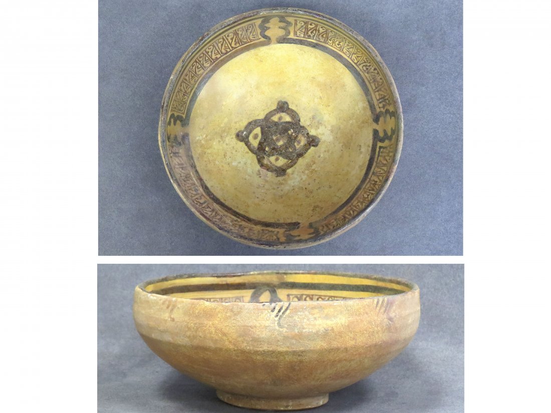 ISLAMIC DECORATED POTTERY BOWL, NISHAPUR SAMENID: ISLAMIC DECORATED POTTERY BOWL, NISHAPUR SAMENID, C.1000 AD. DIAMETER 8" (RESTORED)