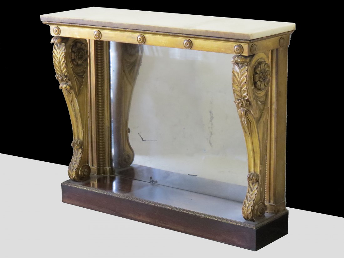 REGENCY CARVED AND GILT MARBLE TOP PIER TABLE: REGENCY CARVED AND GILT MARBLE TOP PIER TABLE, 19TH CENTURY. HEIGHT 38"; WIDTH 48"; DEPTH 14" PROVENANCE: COLLECTION OF MISS NINA UNTERMYER