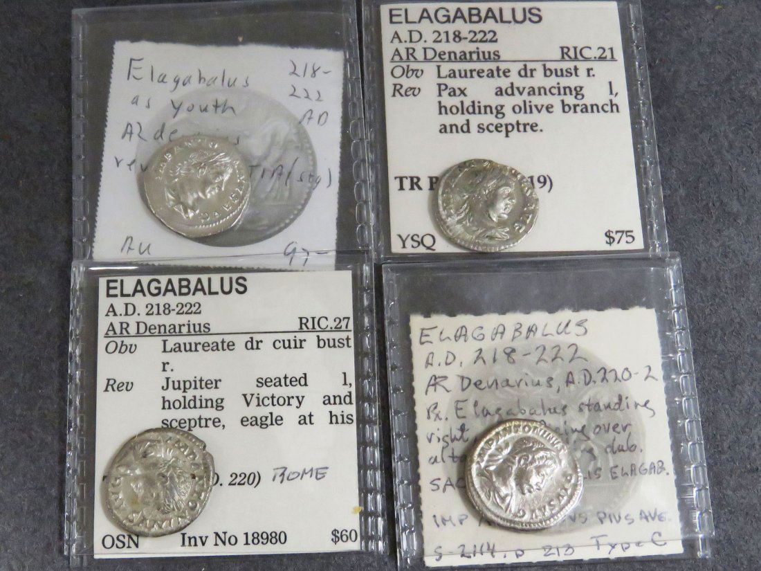 LOT (4) IMPERIAL ROMAN SILVER COINS: LOT (4) IMPERIAL ROMAN SILVER COINS INCLUDING ELAGABALUS, 218-222 AD, AR DINARIUS