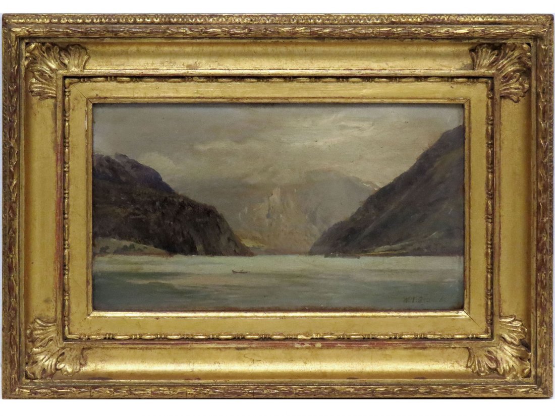 WILLIAM TROST RICHARDS (AMERICAN 1833-1905), OI: WILLIAM TROST RICHARDS (AMERICAN 1833-1905), OIL ON CARDBOARD, RIVER NARROWS, SIGNED. 5 5/16 X 9 3/16"; FRAMED 9 1/2 X 13 1/2" PROVENANCE: COLLECTION OF MISS NINA UNTERMYER, NYC