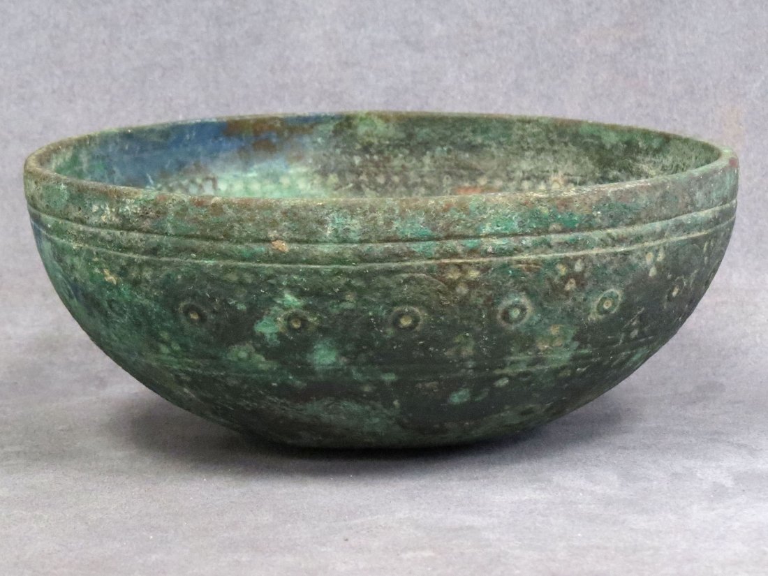 ISLAMIC BRONZE BOWL, 12TH CENTURY: ISLAMIC BRONZE BOWL, 12TH CENTURY. HEIGHT 3 1/4"; DIAMETER 8 1/4"