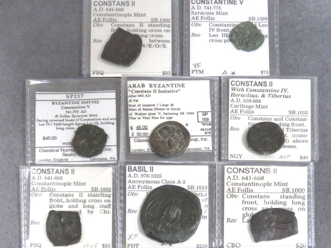 LOT (8) BYZANTINE BRONZE COINS: LOT (8) BYZANTINE BRONZE COINS INCLUDING CONSTANS II, (4) AE FOLLIS, AE FAL; CONSTANTINE V, (2) AE FOLLIS; BASIL II, AE FOLLIS, 642-1025 AD