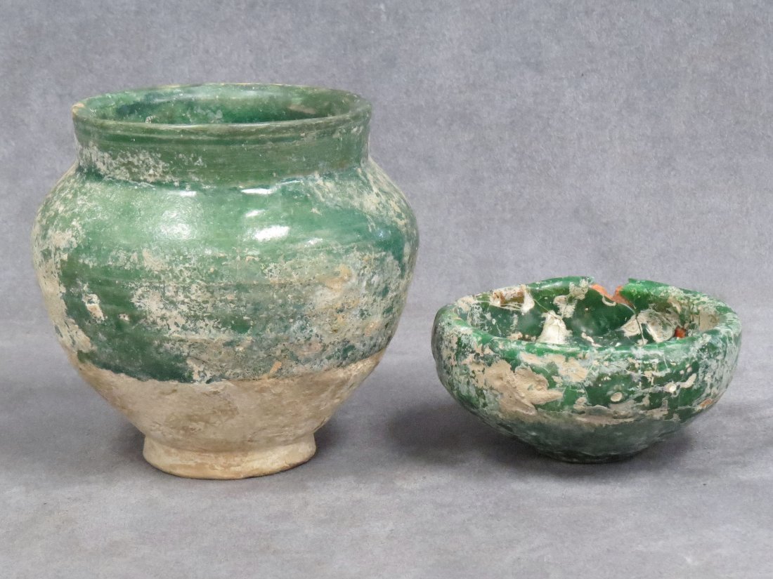 LOT (2) ISLAMIC POTTERY INCLUDING JAR: LOT (2) ISLAMIC POTTERY INCLUDING JAR, HEIGHT 4 1/2"; LOW BOWL, DIAMETER 4", SULTANABAD, C.1000AD (RESTORED)