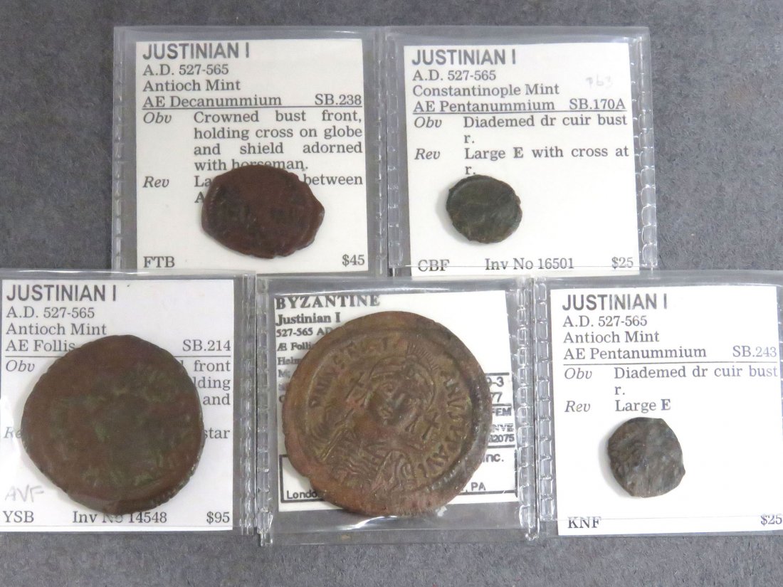 LOT (5) BYZANTINE SILVER AND BRONZE COINS: LOT (5) BYZANTINE SILVER AND BRONZE COINS INCLUDING JUSTINIAN I, (2) AE PENTANUMMIUM; AE DECANUMMIUM; (2) AE FOLLIS (22.72 GRAMS)