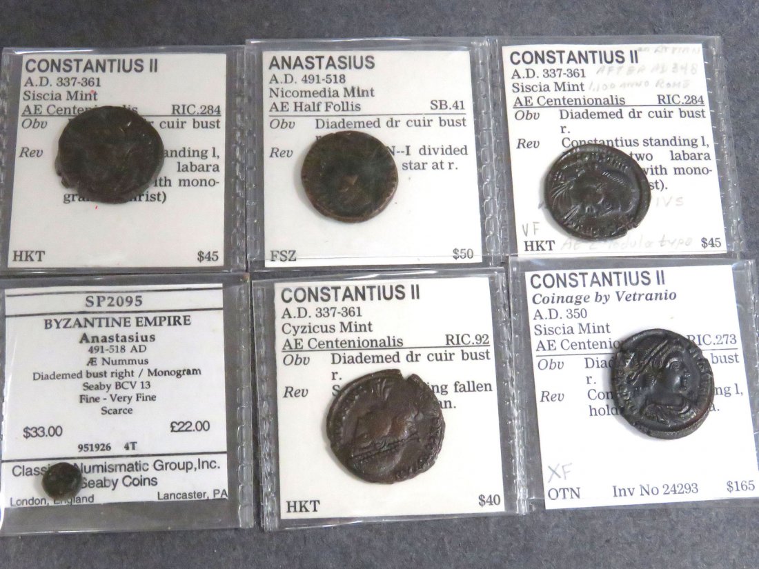 LOT (6) IMPERIAL ROMAN AND BYZANTINE BRONZE COINS: LOT (6) IMPERIAL ROMAN AND BYZANTINE BRONZE COINS INCLUDING (4) CONSTANTIUS II, AE CENTENIONALIS; ANASTASIUS, AE HALF FOLLIS AND AE NUMMUS, 337-518 AD