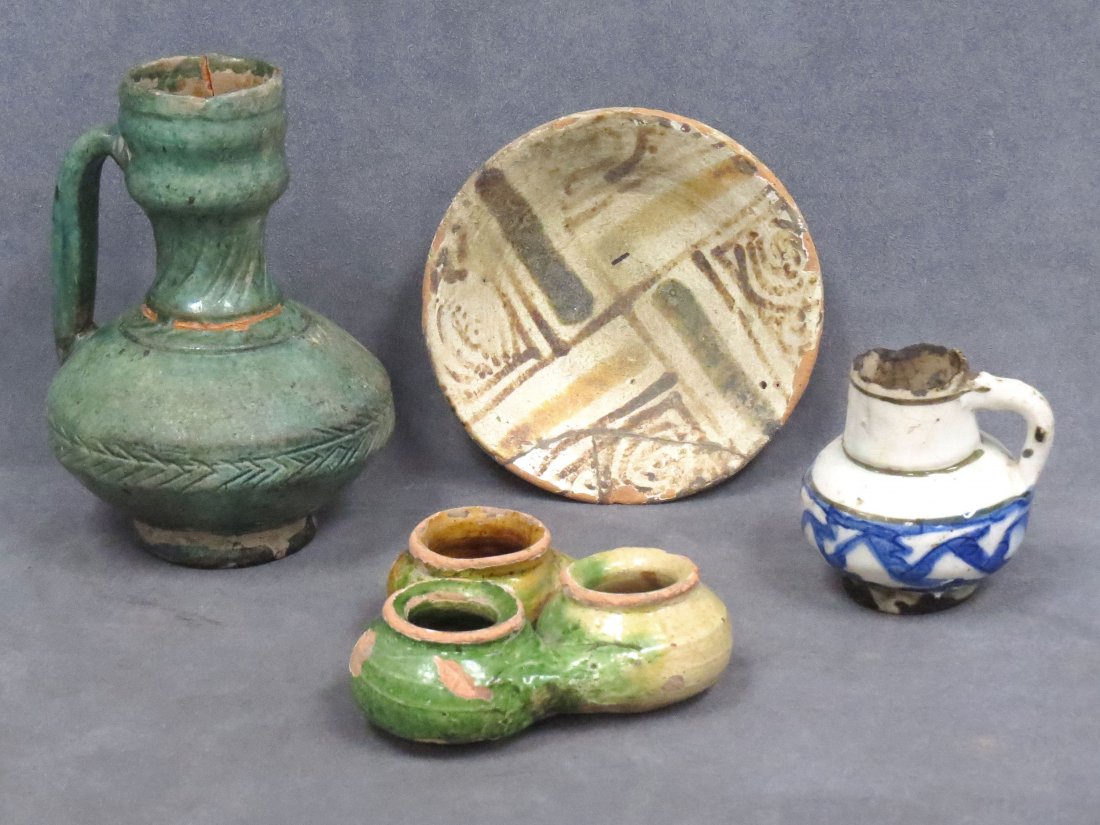 LOT (4) ISLAMIC DECORATED POTTERY: LOT (4) ISLAMIC DECORATED POTTERY INCLUDING HISHAPUR BOWL, DIAMETER 5 1/2; SCULTANABAD EWER, HEIGHT 6 3/4"; QAJAR EWER, HEIGHT 3"; 3-PART OIL LAMP, WIDTH 4 1/2" (RESTORED)