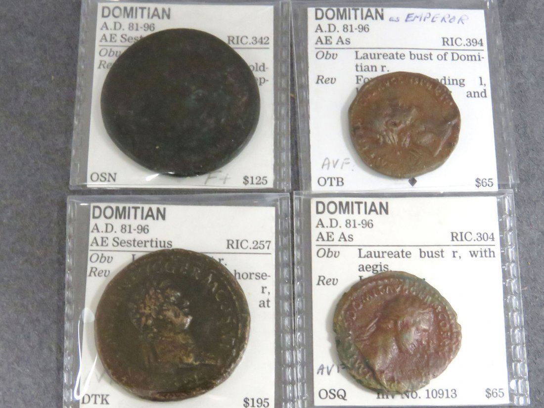 LOT (4) IMPERIAL ROMAN BRONZE COINS: LOT (4) IMPERIAL ROMAN BRONZE COINS INCLUDING DOMITIAN, (2) AE SESTERTIUS, (2) AE AS, 81-96 AD