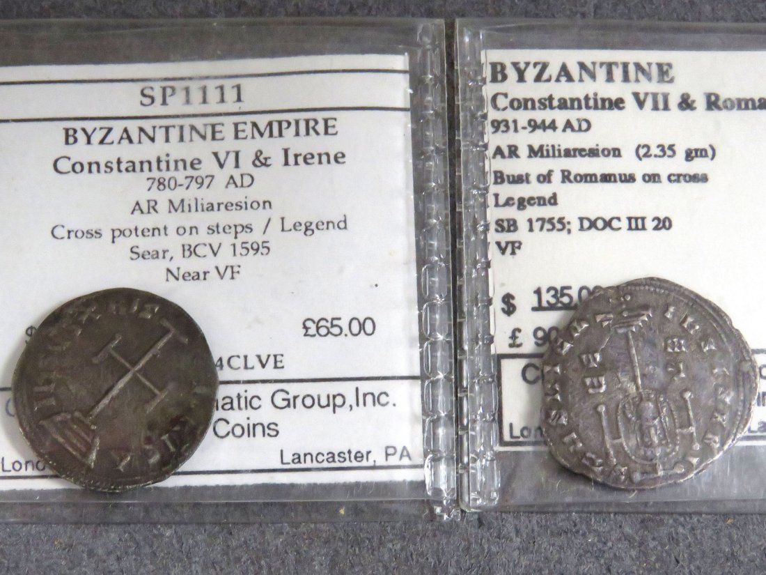 LOT (2) BYZANTINE SILVER COINS: LOT (2) BYZANTINE SILVER COINS INCLUDING CONSTANTINE VI AND IRENE, AR MILIARESION, 780-797 AD; CONSTANTINE VII AND ROMANUS I, AR MILIARESION, 951-944 AD