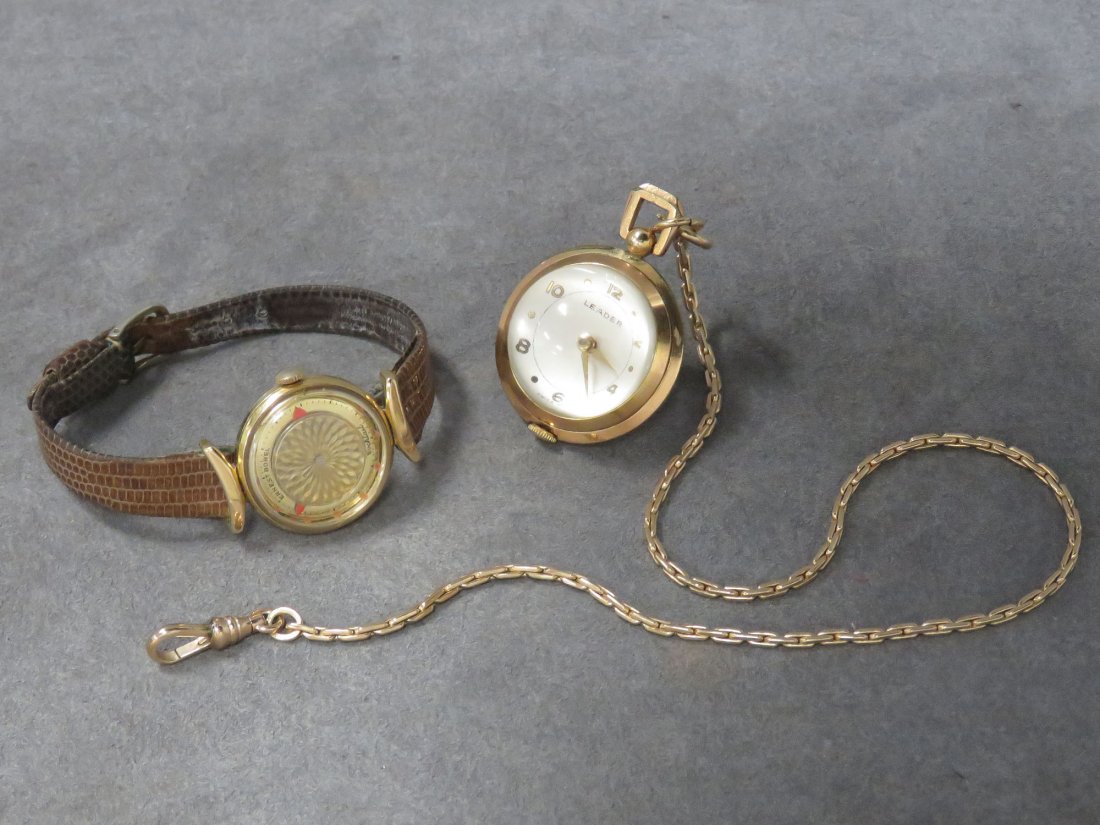 LOT (2) INCLUDING VINTAGE ERNEST BOREL: LOT (2) INCLUDING VINTAGE ERNEST BOREL GOLD FILLED, 17-JEWEL MECHANICAL SKELETON "COCKTAIL" KALEIDOSCOPE WRISTWATCH, 25MM AND LEADER SWISS GOLD FILLED CRYSTAL 17-JEWEL PENDANT WATCH/CHAIN, 32MM