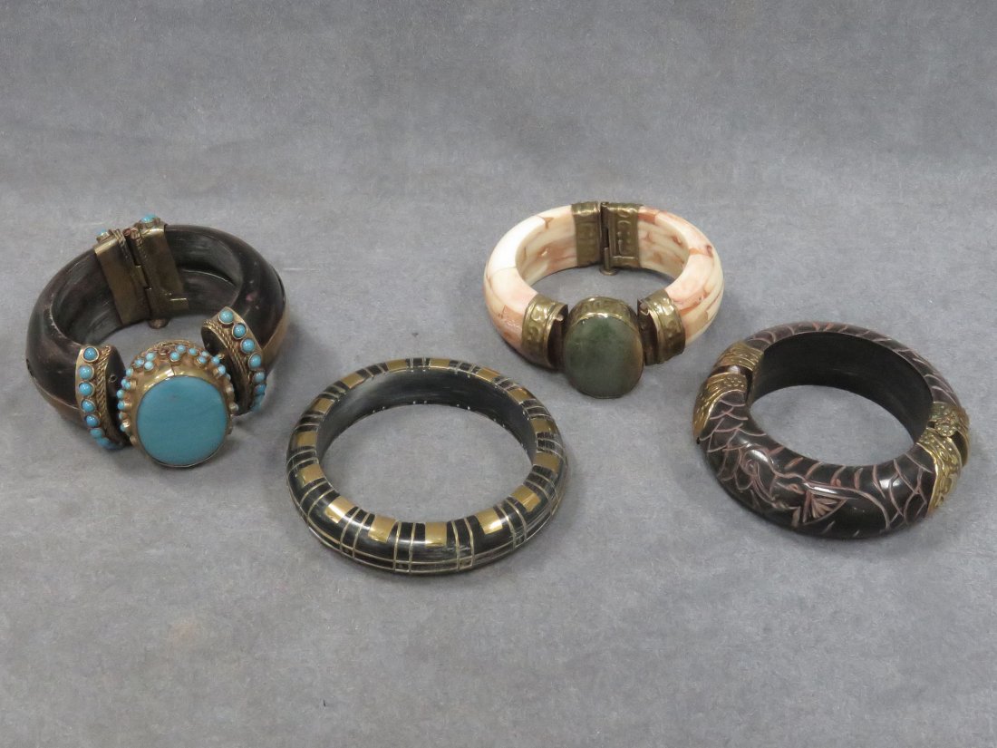 LOT (4) ETHNIC CARVED, INLAID, BRACELETS (1 of 5)