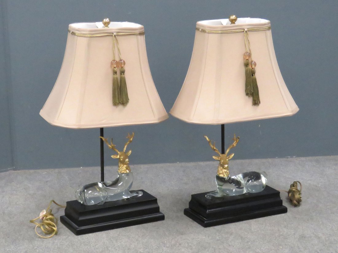 PAIR DESIGNER ART GLASS STAG TABLE LAMPS: PAIR DESIGNER ART GLASS STAG TABLE LAMPS, FREDERICK COOPER, CHICAGO. OVERALL HEIGHT 24"