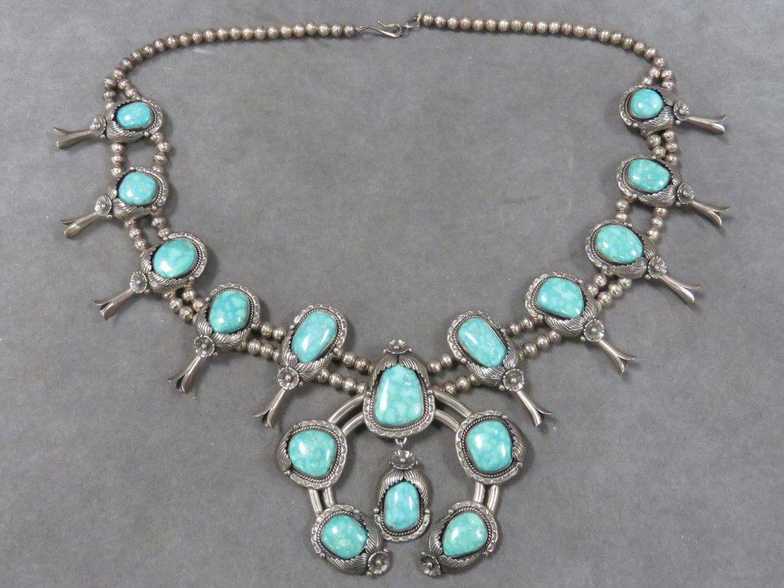 NAVAJO INDIAN SILVER AND TURQUOISE SQUASH BLOSSOM (1 of 8)