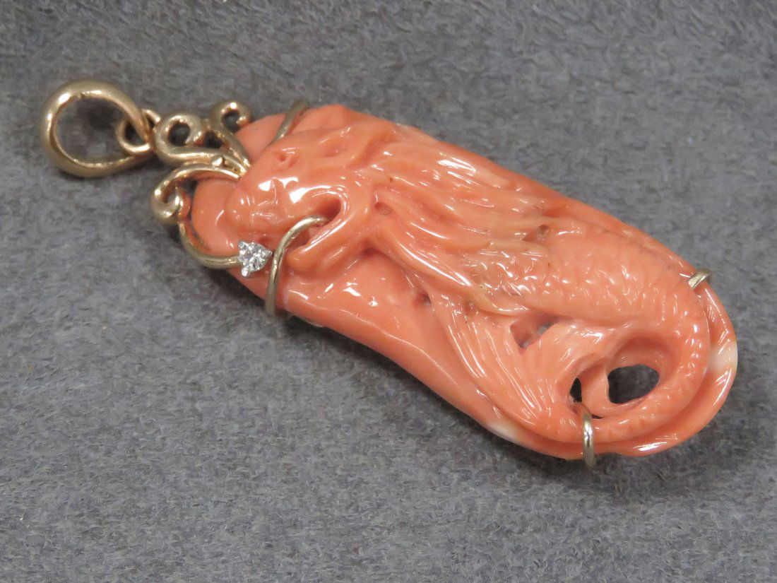 14K YELLOW GOLD CARVED CORAL DRAGON PENDANT (1 of 4)