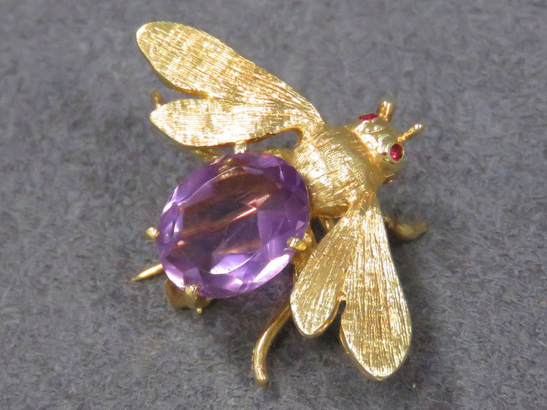 14K YELLOW GOLD 2.78 CTS AMETHYST FLY PIN/BROOCH (1 of 5)