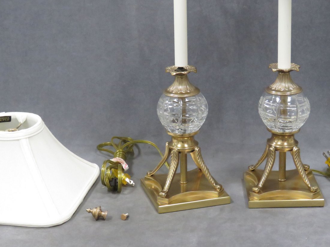 PAIR BRASS AND CRYSTAL CANDLESTICK LAMPS, SIGNED (1 of 7)
