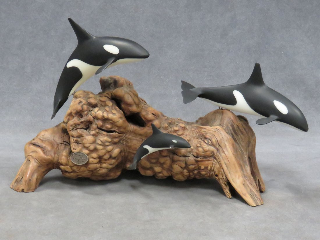 JOHN L. PERRY (AMERICAN, 20TH CENTURY) ORCAS: JOHN L. PERRY (AMERICAN, 20TH CENTURY) BALANITE/DRIFTWOOD, ORCAS, SIGNED. HEIGHT 8 1/2"