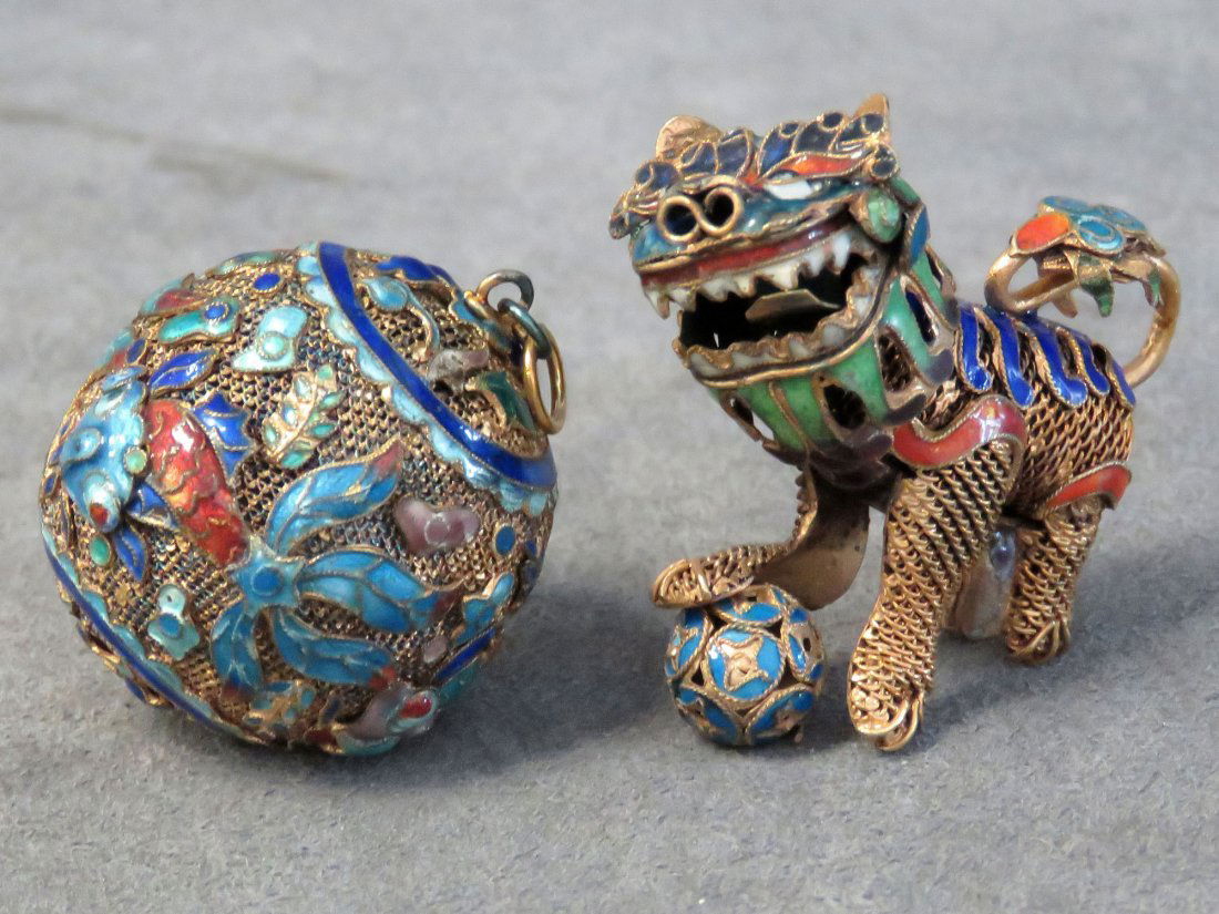 LOT (2) CHINESE GILT SILVER & ENAMEL FOO DOG (1 of 5)