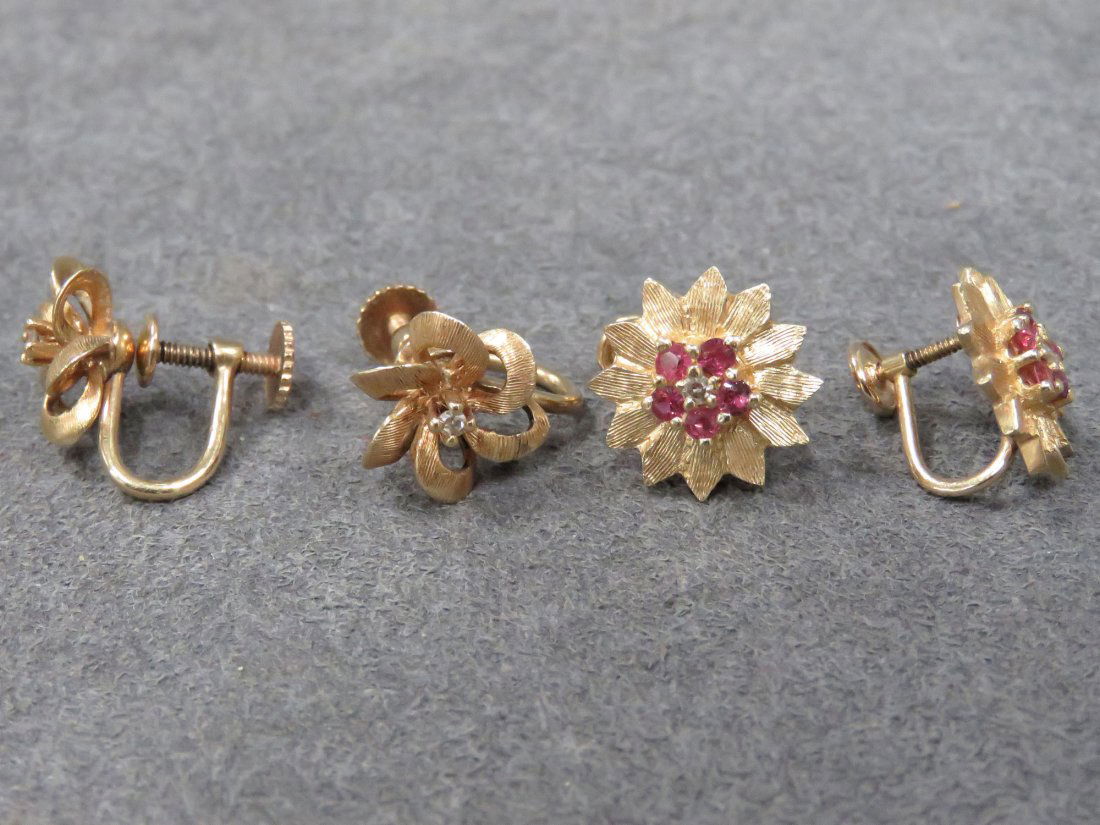 LOT (2) PAIR 14K , DIAMOND AND RUBY EARRINGS (1 of 2)