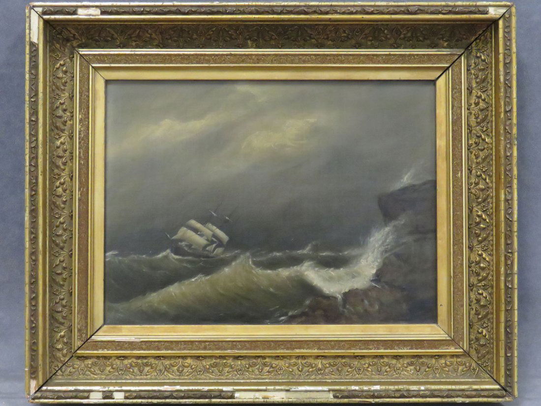 CLEMENT DREW (AMERICAN 1801-1889), OIL ON CANVAS: CLEMENT DREW (AMERICAN 1801-1889), OIL ON CANVAS, EAST GLOUCESTER GALE, 1881, SIGNED AND TITLED VERSO. 9 X 12"; FRAMED 13 3/4 X 16 3/4"