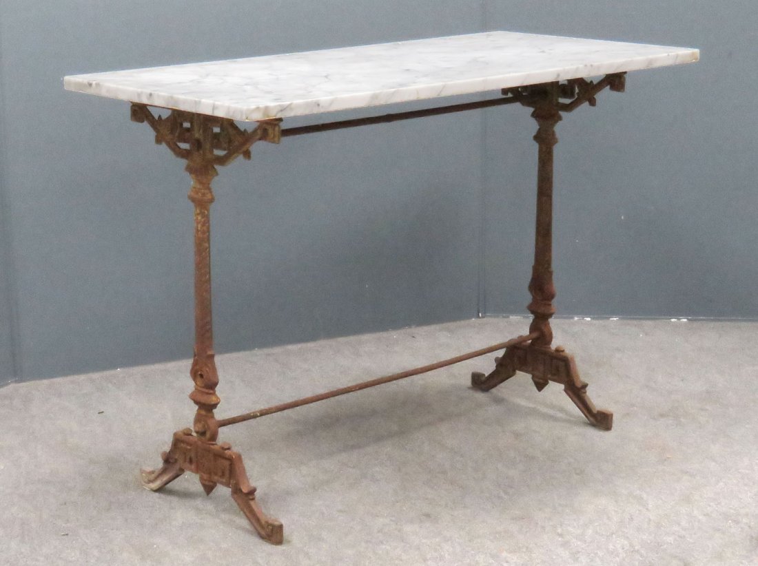 GEORGIAN CAST IRON GARDEN TABLE WITH MARBLE TOP (1 of 9)