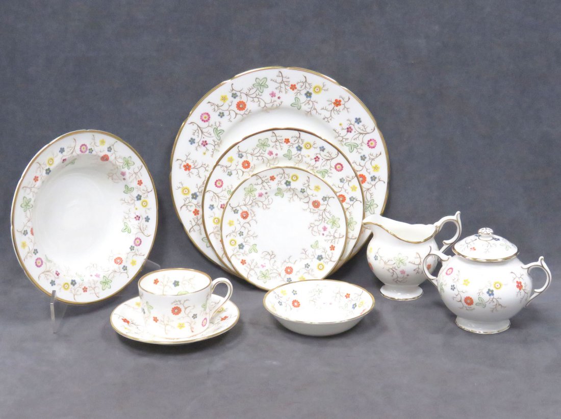 SERVICE FOR (8) COALPORT "BROOKDALE" BONE CHINA: SERVICE FOR (8) COALPORT "BROOKDALE" BONE CHINA DECORATED DINNERWARE WITH EXTRAS INCLUDING (12)DINNER PLATES, 10 3/4"; (8) SOUP BOWLS, 8"; (10) BERRY BOWLS, 5"; (12) SALAD PLATES, 8"; (12) BREAD & BUT