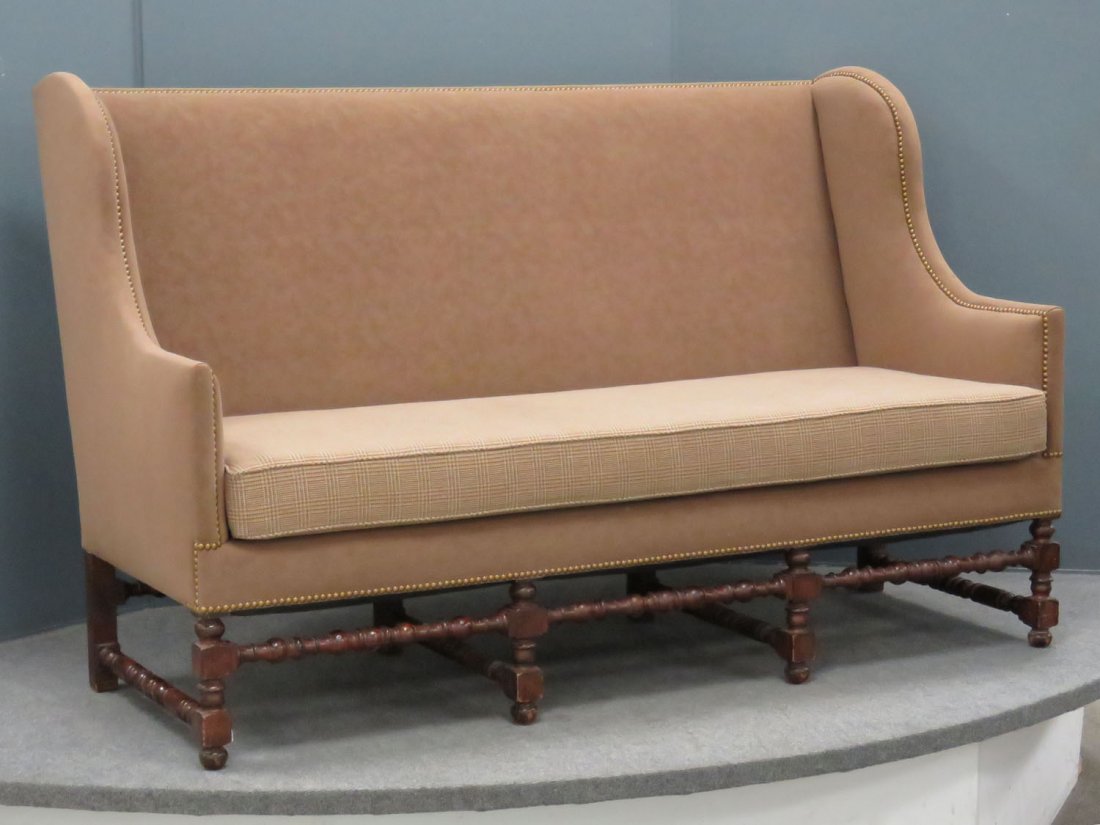 DESIGNER CUSTOM MADE WILLIAM AND MARY STYLE SETTLE: DESIGNER CUSTOM MADE WILLIAM AND MARY STYLE SETTLE. HEIGHT 44"; LENGTH 70"