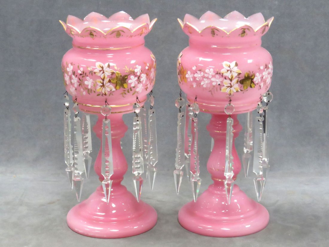PAIR DECORATED BRISTOL GLASS LUSTERS (1 of 6)