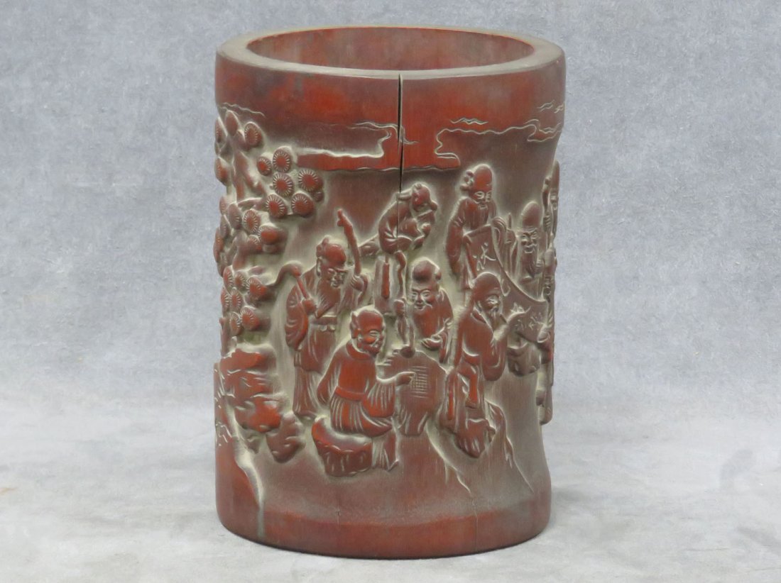 CHINESE CARVED BAMBOO BRUSH HOLDER, SIGNED (1 of 7)