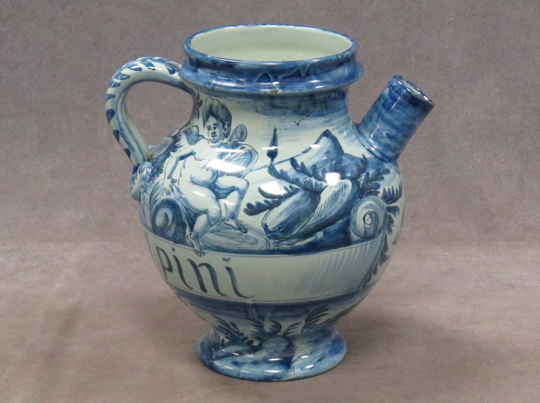 ITALIAN FAIENCE DECORATED APOTHECARY JAR: ITALIAN FAIENCE DECORATED APOTHECARY JAR. HEIGHT 9"