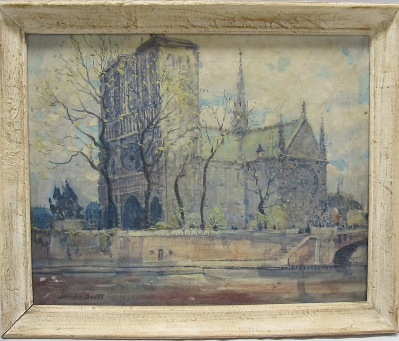 JAMES SCOTT (AMERICAN 20TH CENTURY), OIL ON CANVAS: JAMES SCOTT (AMERICAN 20TH CENTURY), OIL ON CANVAS, NOTRE DAME, SIGNED. 16 X 20"; FRAMED 18 1/2 X 22 1/2"