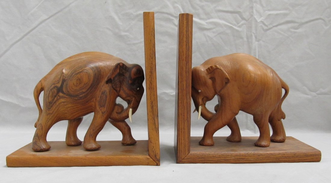 PAIR CARVED TEAK ELEPHANT BOOKENDS (1 of 2)