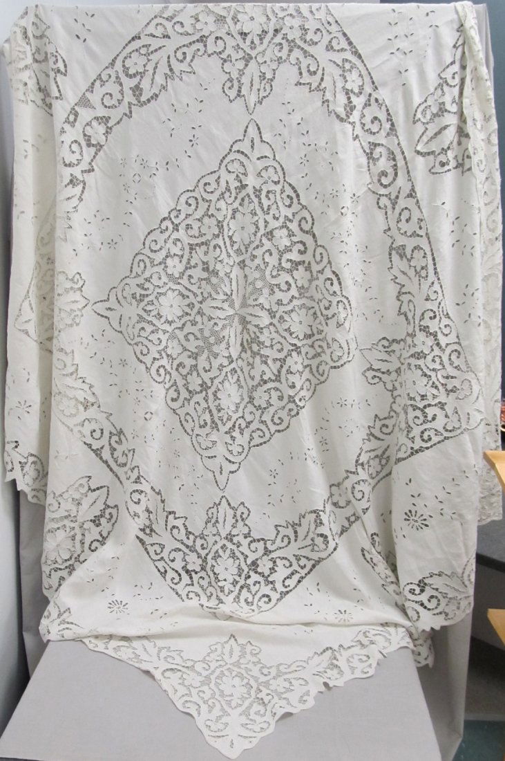 VINTAGE OPEN LACE WORK TABLE CLOTH, SIGNED (1 of 1)