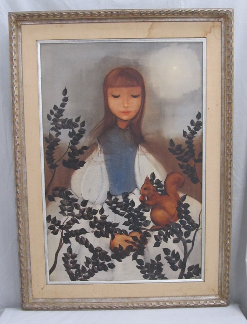 FRENCH SCHOOL (20TH CENTURY), OIL ON CANVAS: FRENCH SCHOOL (20TH CENTURY), OIL ON CANVAS, YOUNG WOMAN WITH SQUIRREL, SIGNED ILLEGIBLY. FRAMED 44 1/2 X 32"
