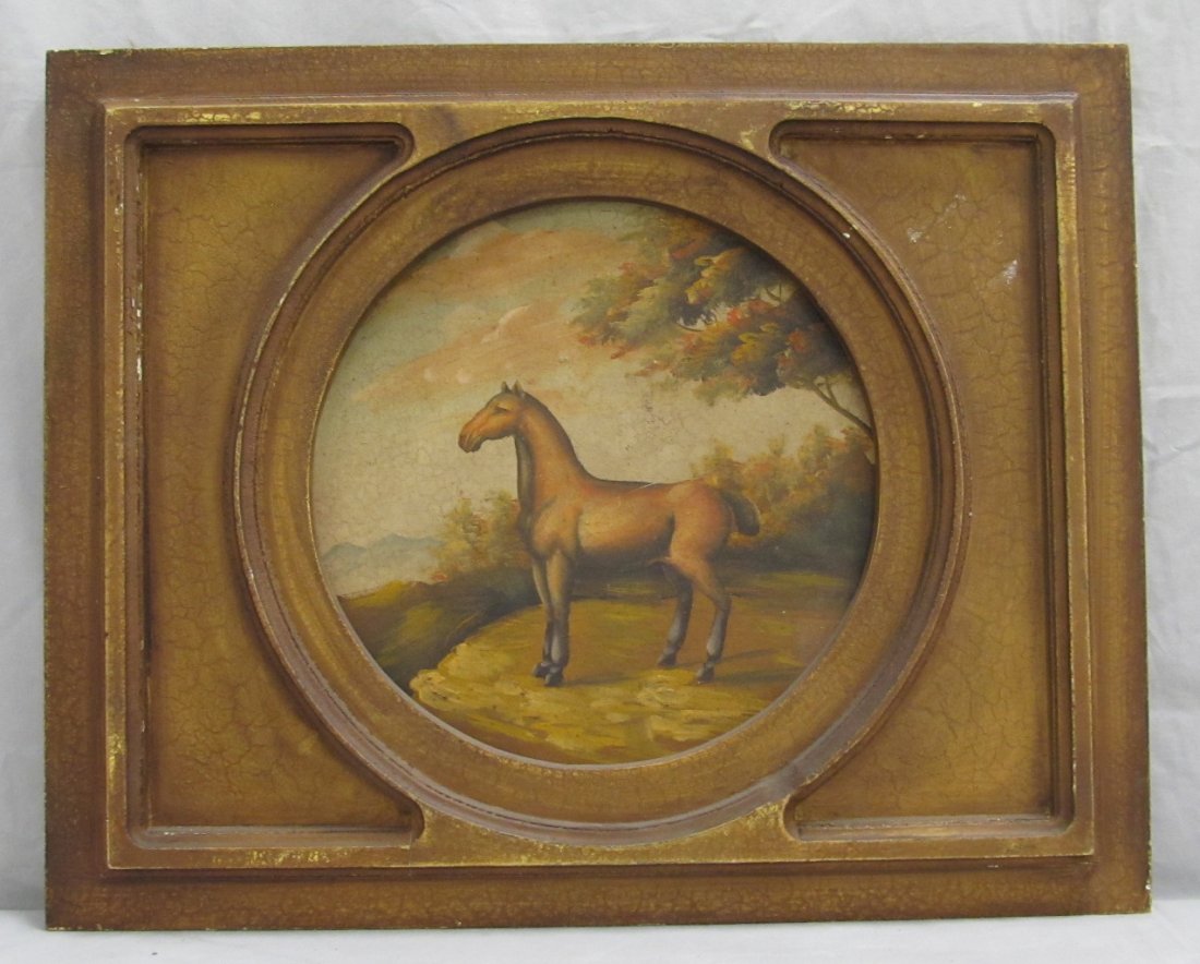 ENGLISH SCHOOL (19/20TH CENTURY), OIL ON PANEL: ENGLISH SCHOOL (19/20TH CENTURY), OIL ON PANEL, MORGAN HORSE, UNSIGNED. DIAMETER 13"; FRAMED 19 X 24"