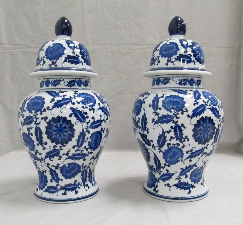 PAIR BLUE/WHITE CHINESE STYLE COVERED URNS (1 of 1)