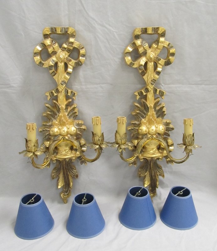PAIR FRENCH STYLE MOLDED GILT SCONCES: PAIR FRENCH STYLE MOLDED GILT SCONCES. HEIGHT 24"