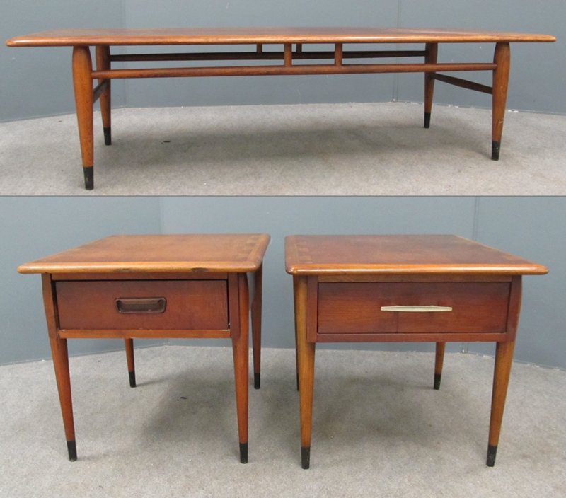 LOT (3) ANDRE BUS (AMERICAN 20TH CENTURY): LOT (3) ANDRE BUS (AMERICAN 20TH CENTURY), FOR LANE ALTA VISTA INCLUDING (2) WALNUT AND OAK SINGLE DRAWER END TABLES, HEIGHT 19 3/4"; TOP 25 X 25" AND COFFEE TABLE, HEIGHT 14"; TOP 19 X 56" (IMPERFECT