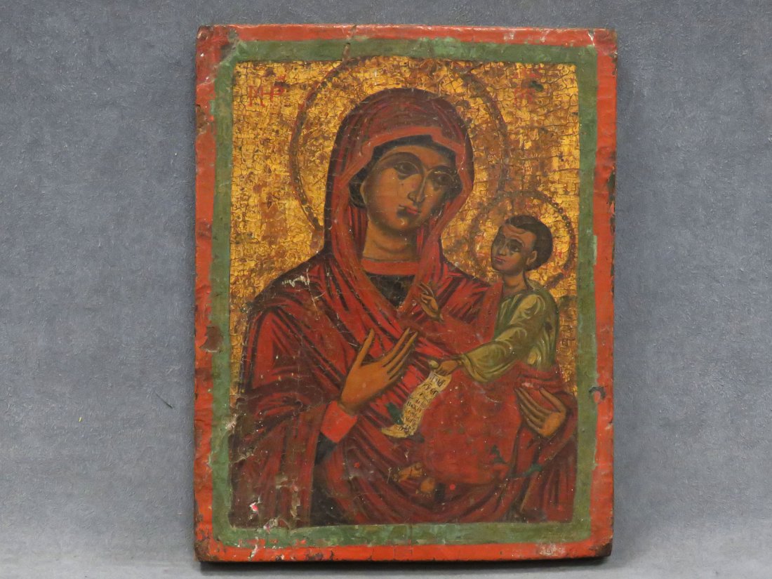 RUSSIAN ICON ON WOOD PANEL, MADONNA AND CHILD: RUSSIAN ICON ON WOOD PANEL, MADONNA AND CHILD, 19TH CENTURY. 9 1/2 X 7 1/4"