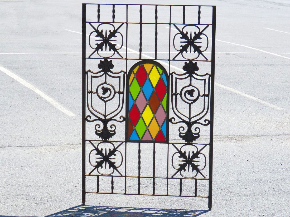 VINTAGE CAST AND WROUGHT IRON LEADED GLASS PANEL (1 of 7)