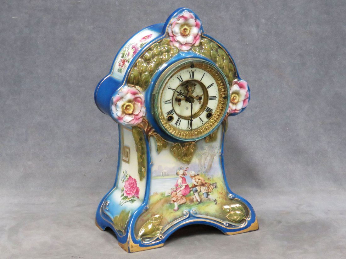 ANSONIA ROYAL BONN PORCELAIN CASED SHELF CLOCK (1 of 9)