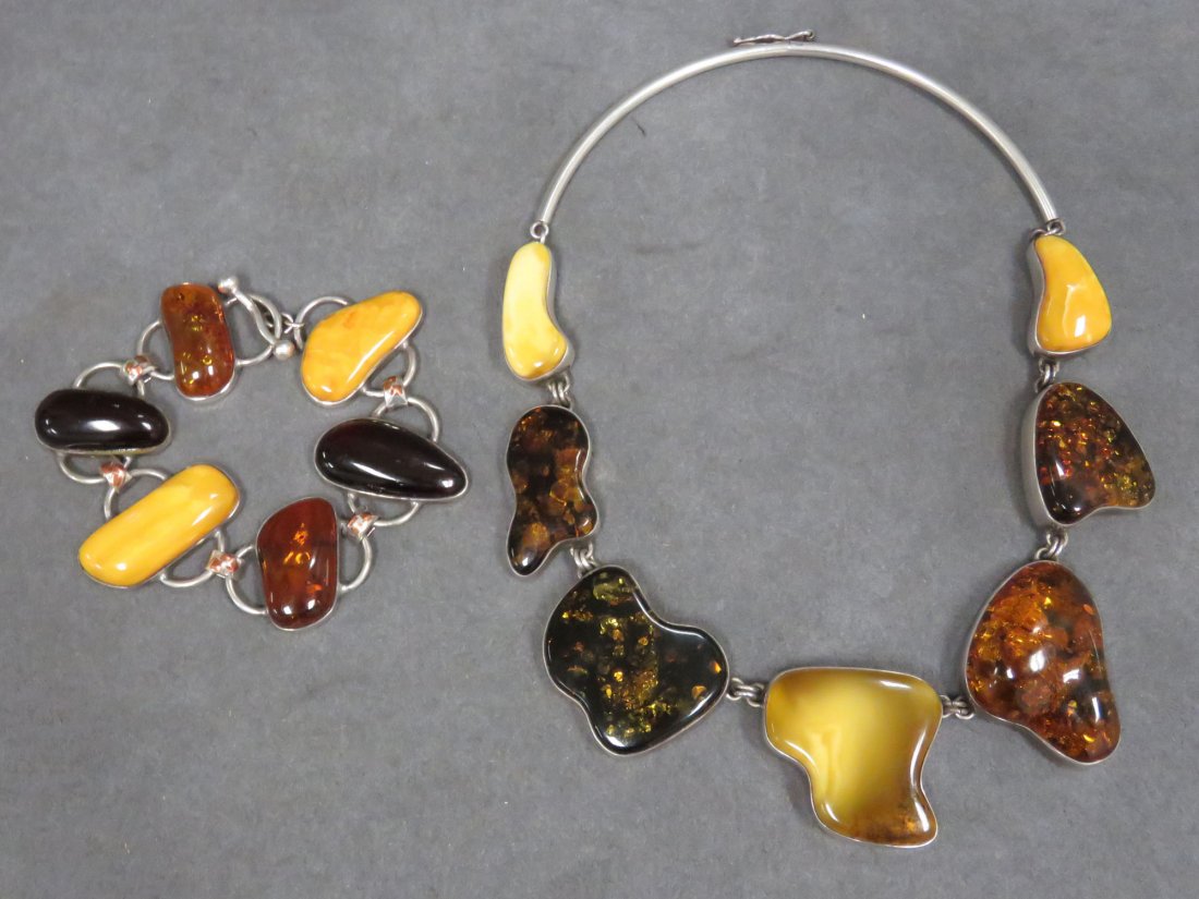 SET (2) DESIGNER MODERN 925 STERLING AMBER CHOKER (1 of 5)