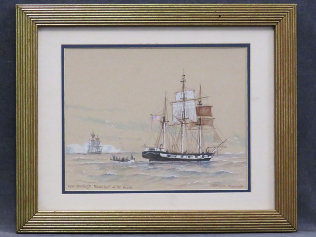 FREDERICK TORDOFF (ANGLO/AMERICAN 20TH CENTURY): FREDERICK TORDOFF (ANGLO/AMERICAN 20TH CENTURY), WATERCOLOR AND GOUACHE, "NEW BEDFORD WHALE SHIP IN THE NORTH", SIGNED AND TITLED. 10 1/2 X 13 1/4"; FRAMED AND GLAZED-17 X 21"
